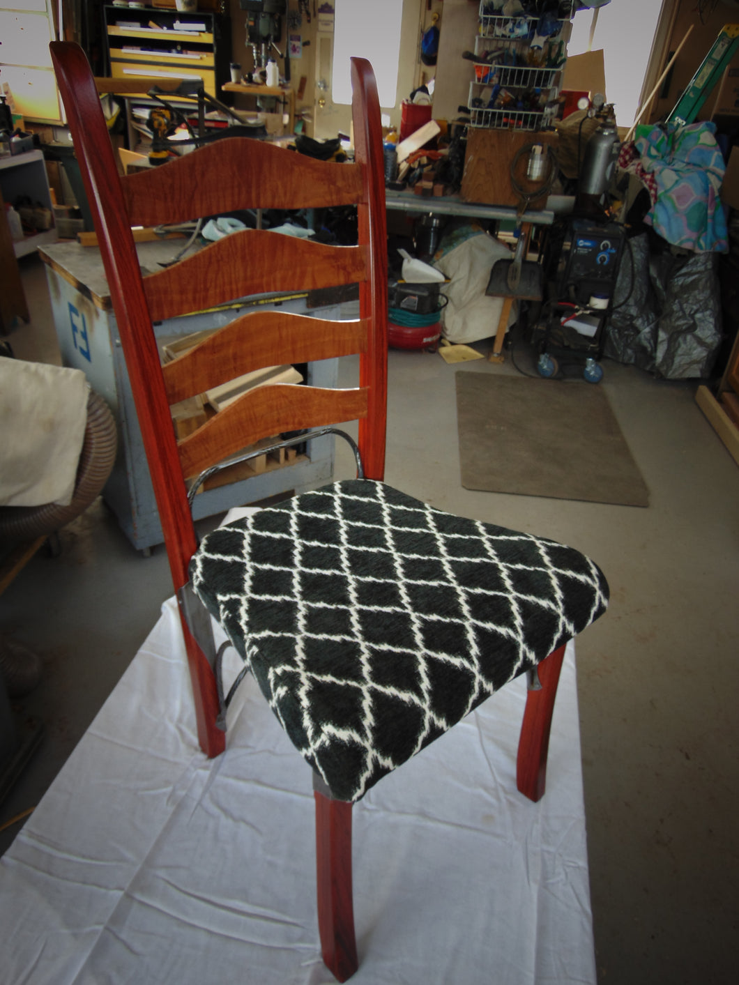 Padauk, Curly Makori and Wrought Iron dinner chair SOLD