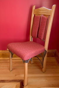 Quarter-sawn White Oak table, walnut inlay and wrought Iron base. Wrought iron seat frames.